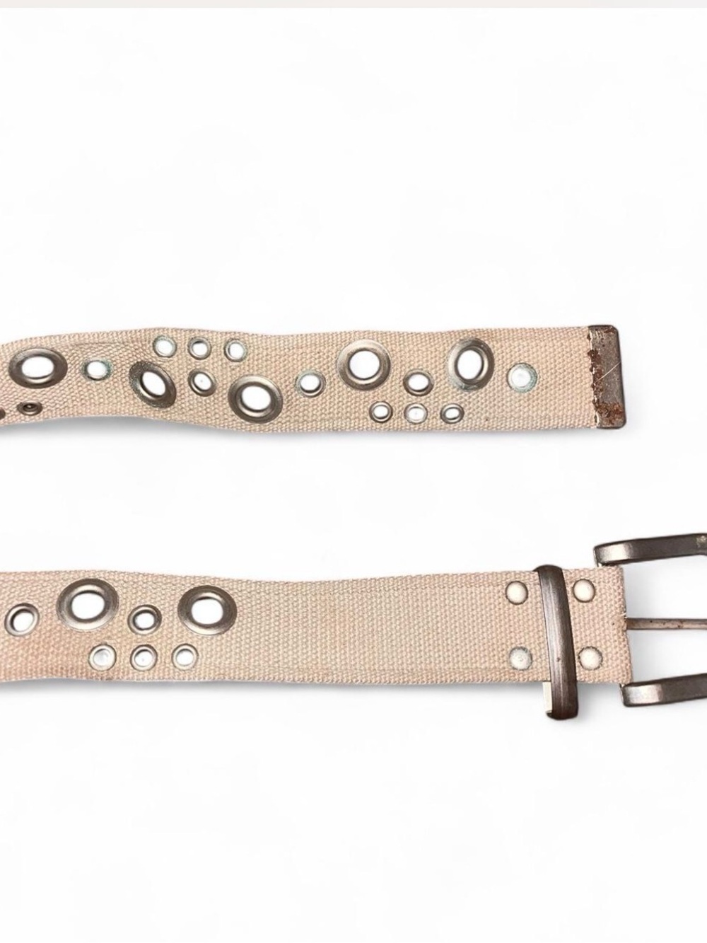Studded Beige Canvas Belt with Metal Grommets